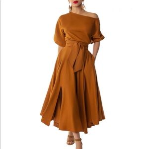 FKSP “Willow” Cognac Off Shoulder Swing Dress
